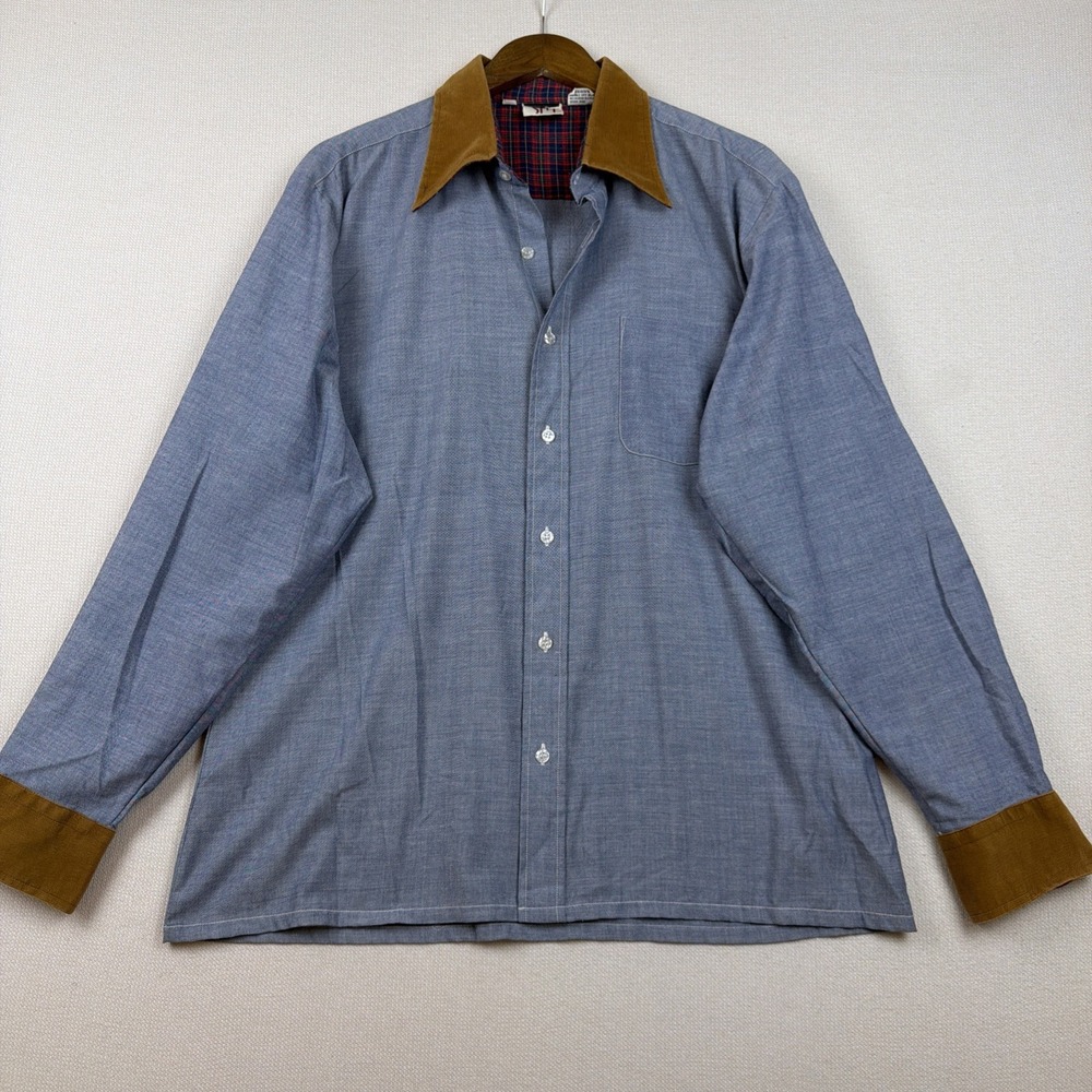 VTG Sears 70s Button Up Flip Cuff Shirt Size XL Blue Corduroy & Flannel Contrast